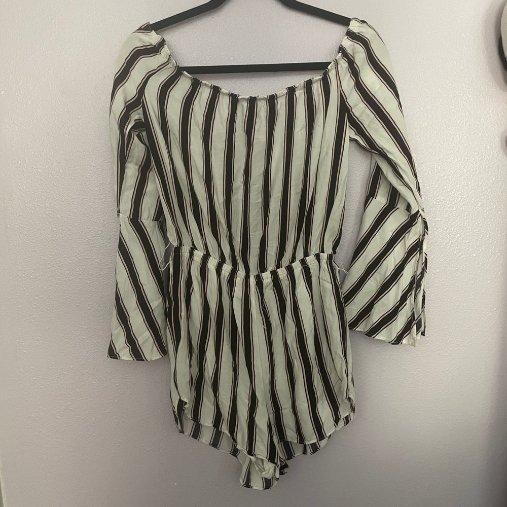 Black and white striped off the shoulder romper
